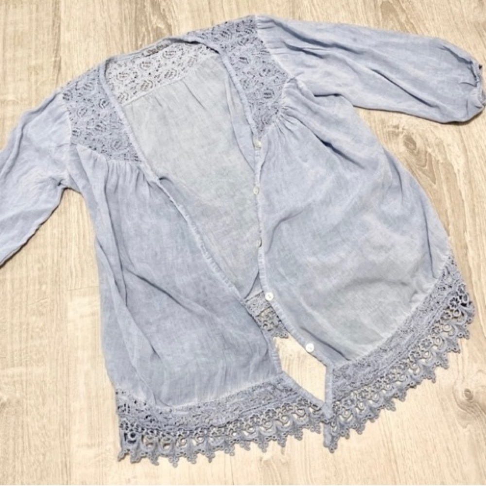 ELENA BALDI BUTTON DOWN CHAMBRAY LACE BLOUSE SZ Small made in Italy Women’s tops